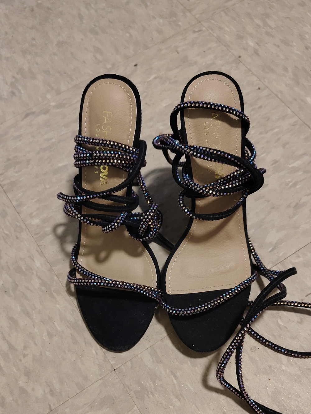 Fashion Nova Black Strappy Rhinestone Wrap Heels